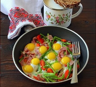 Рецепт - яичница с перепелиными яйцами, спаржей и беконом 