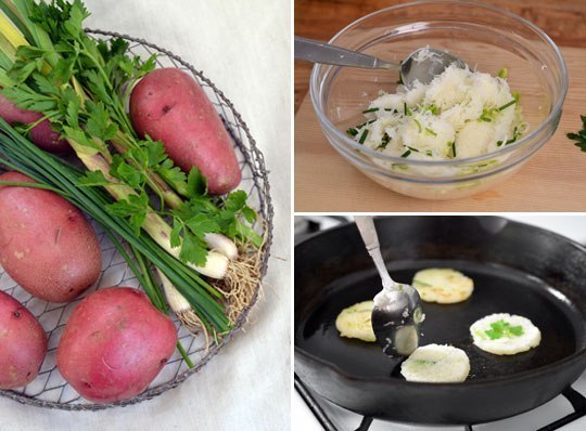 Картофельные мини-блины с чесноком и зеленым луком.