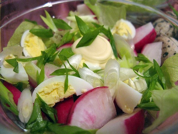 Салат из редиски с зеленым луком, кусочками сыра и вареным яйцом, соль по вкусу..Очень питательно и вкусно))